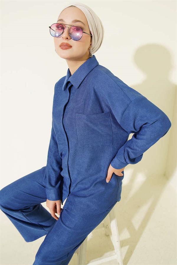 Thin Ribbed Pocket Shirt 2 Piece Set Navy Blue