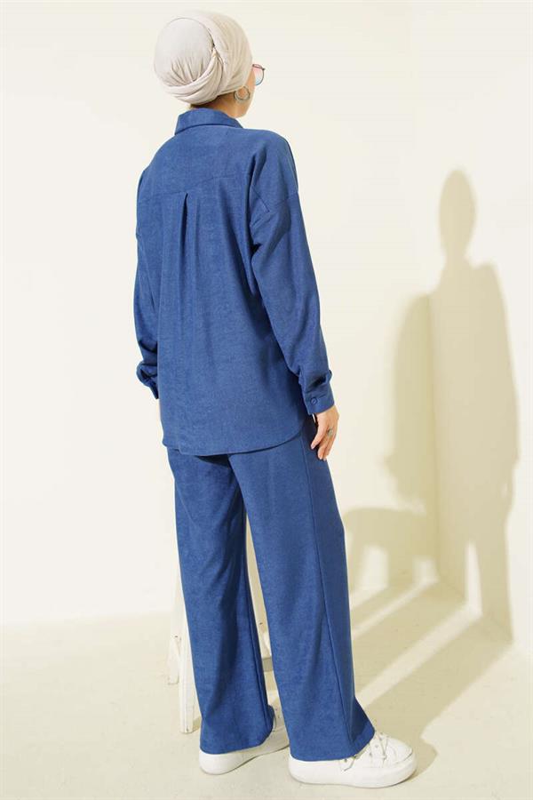Thin Ribbed Pocket Shirt 2 Piece Set Navy Blue