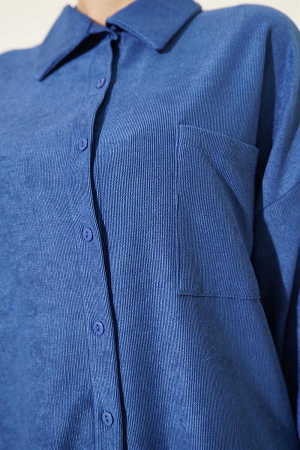 Thin Ribbed Pocket Shirt 2 Piece Set Navy Blue