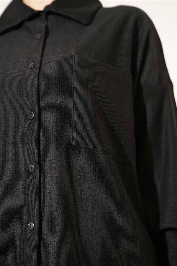 Thin Ribbed Pocket Shirt 2 Piece Set Black
