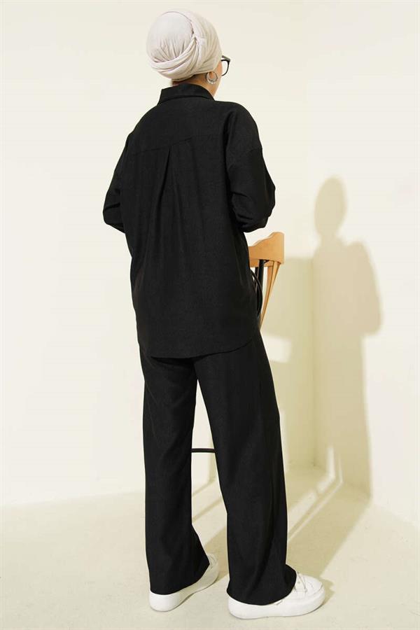 Thin Ribbed Pocket Shirt 2 Piece Set Black
