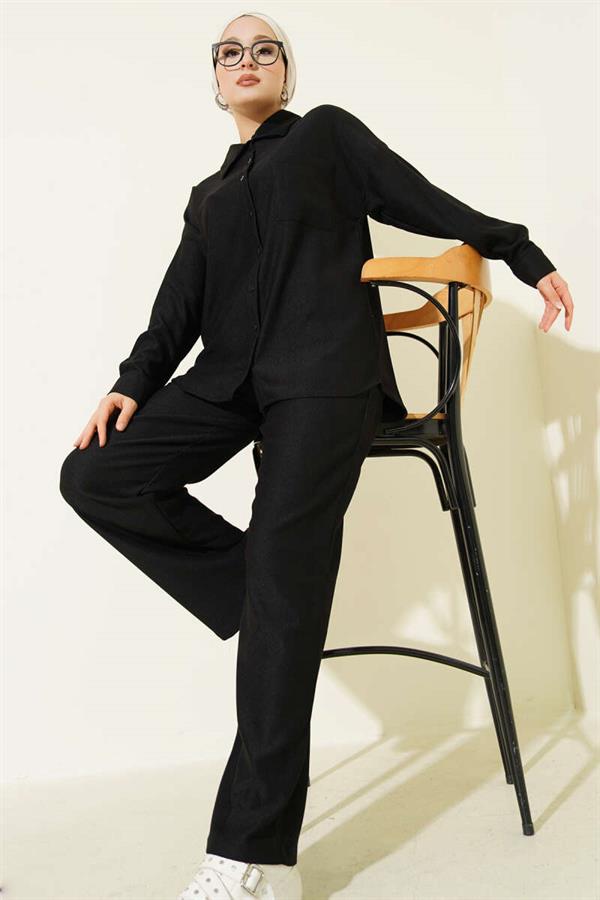 Thin Ribbed Pocket Shirt 2 Piece Set Black