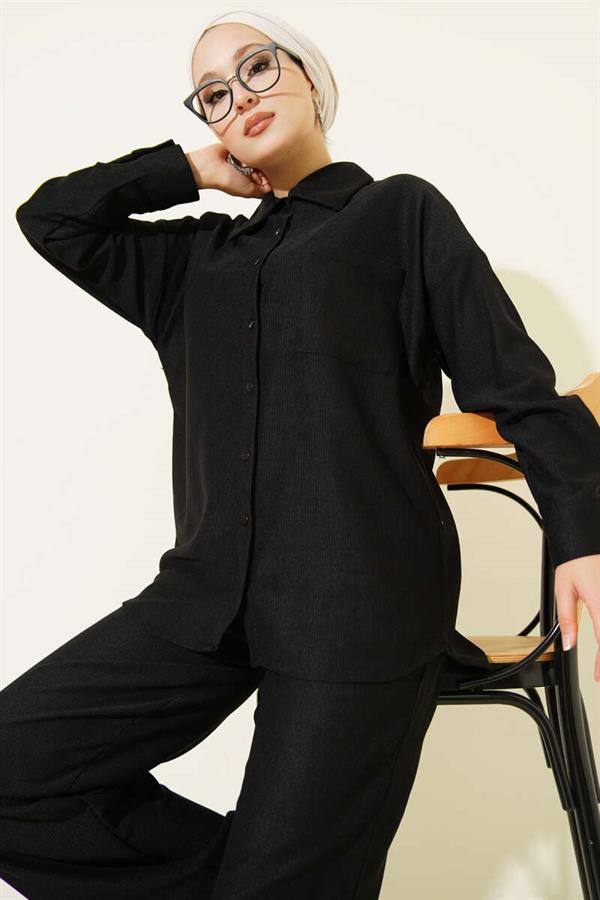 Thin Ribbed Pocket Shirt 2 Piece Set Black
