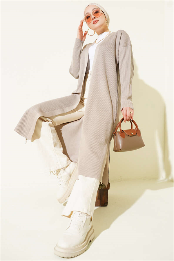 Fine Corduroy Long Cardigan, Mink