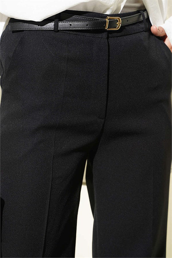 Slim Belted Wide-Leg Palazzo Pants, Black