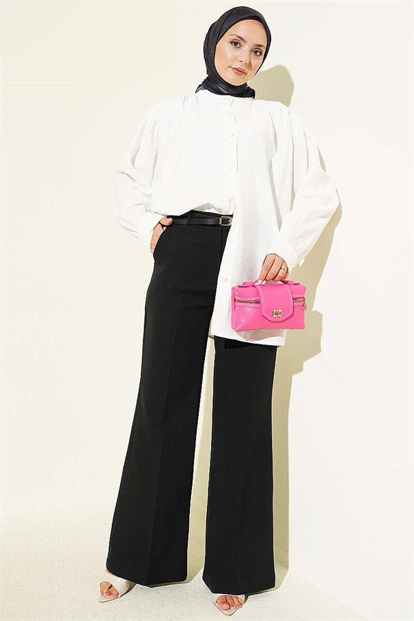 Slim Belted Wide-Leg Palazzo Pants, Black