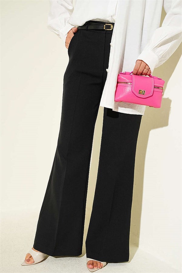 Slim Belted Wide-Leg Palazzo Pants, Black
