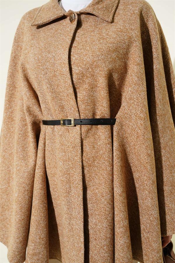 Thin Belted Shirt Collar Cashmere Poncho Latte