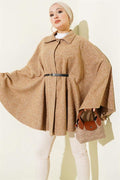 Thin Belted Shirt Collar Cashmere Poncho Latte