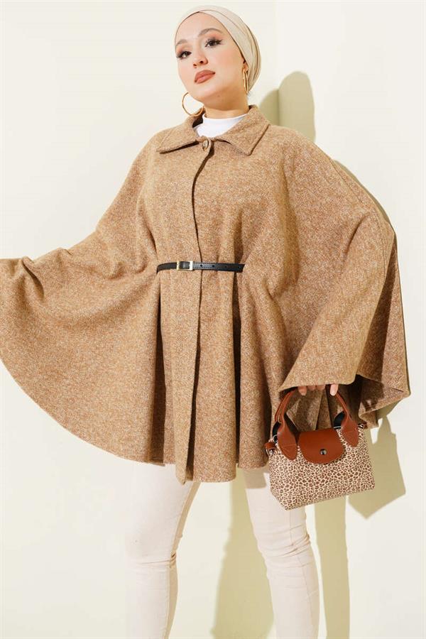 Thin Belted Shirt Collar Cashmere Poncho Latte