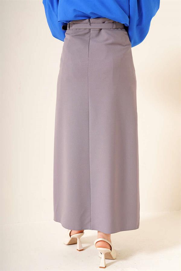 Thin Belted Pencil Skirt Gray