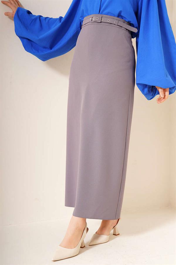 Thin Belted Pencil Skirt Gray