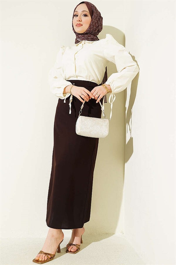 Slim Belted Pencil Skirt, Brown
