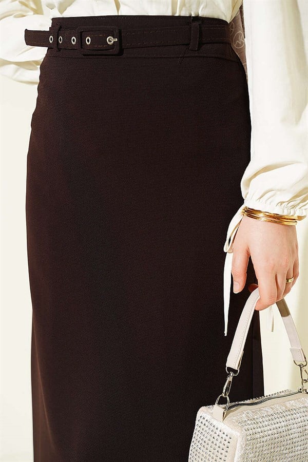 Slim Belted Pencil Skirt, Brown