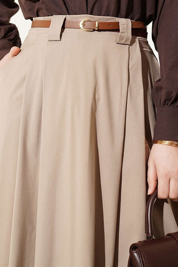 Thin Belted Pleated Skirt, Beige