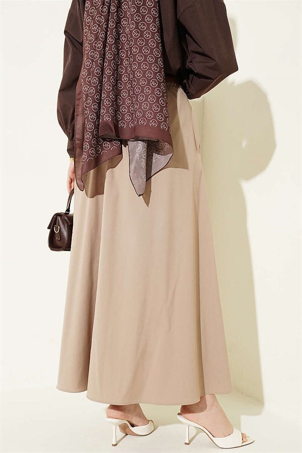 Thin Belted Pleated Skirt, Beige