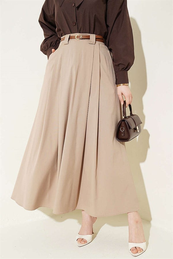 Thin Belted Pleated Skirt, Beige