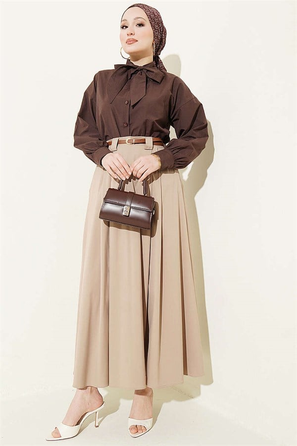Thin Belted Pleated Skirt, Beige