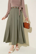 Thin Belted Pleated Skirt in Sage Green