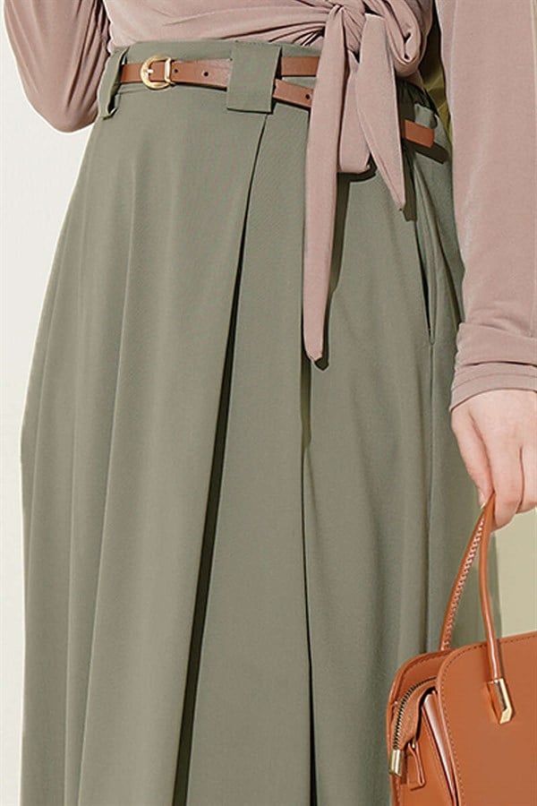 Thin Belted Pleated Skirt in Sage Green