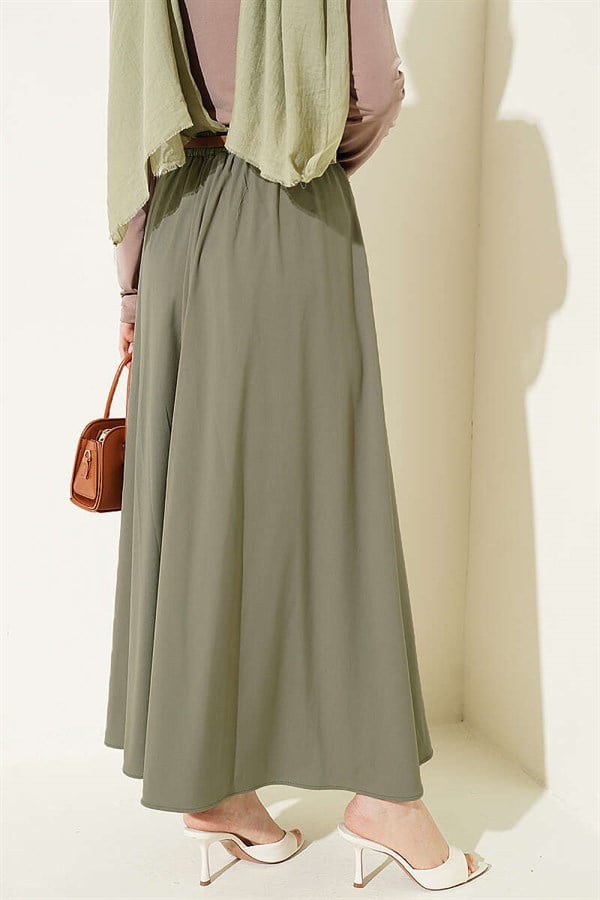 Thin Belted Pleated Skirt in Sage Green