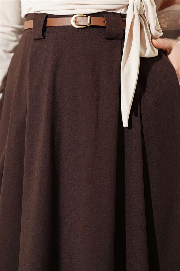 Thin Belted Pleated Skirt, Brown