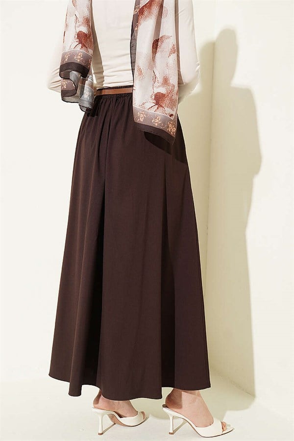 Thin Belted Pleated Skirt, Brown