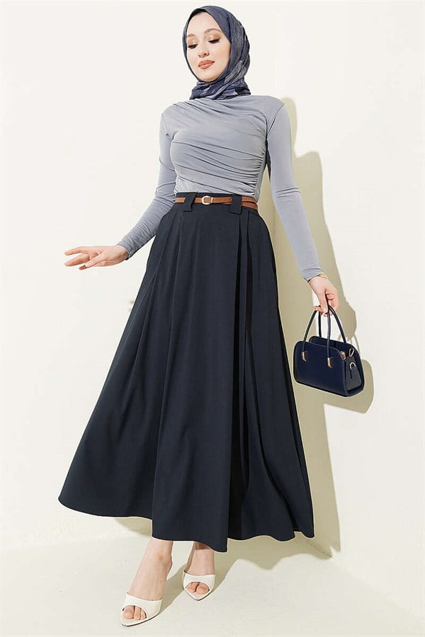 Narrow Belted Pleated Skirt, Navy Blue