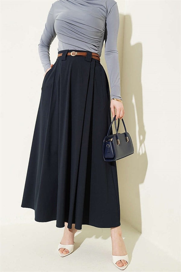 Narrow Belted Pleated Skirt, Navy Blue