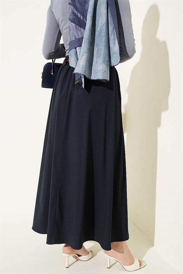 Narrow Belted Pleated Skirt, Navy Blue