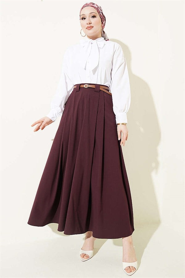 Thin Belted Pleated Skirt, Plum