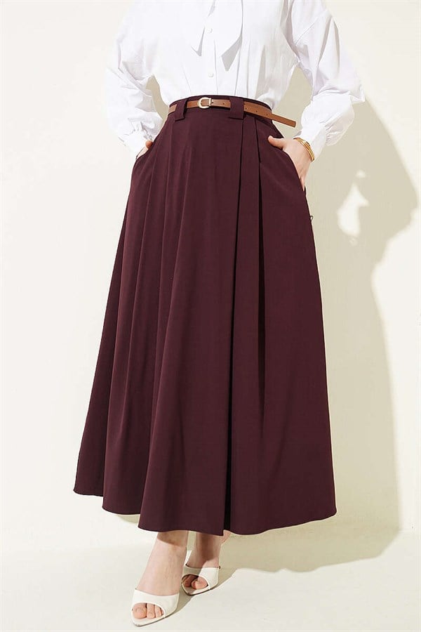 Thin Belted Pleated Skirt, Plum