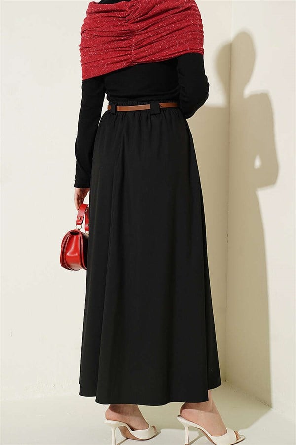 Thin Belted Pleated Skirt, Black