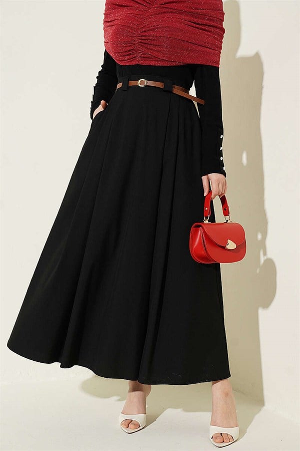 Thin Belted Pleated Skirt, Black