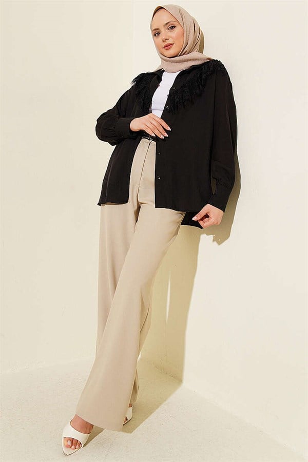 Slim Belted Pleated Fabric Trousers, Beige
