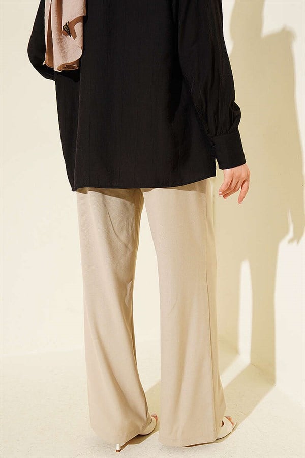 Slim Belted Pleated Fabric Trousers, Beige