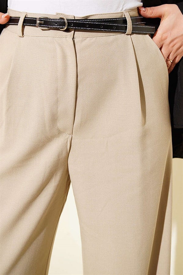 Slim Belted Pleated Fabric Trousers, Beige