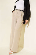 Slim Belted Pleated Fabric Trousers, Beige