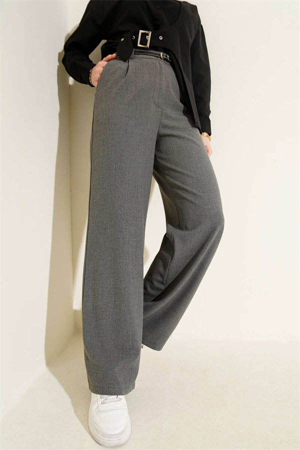Thin Belted Pleated Fabric Trousers, Smoke Grey