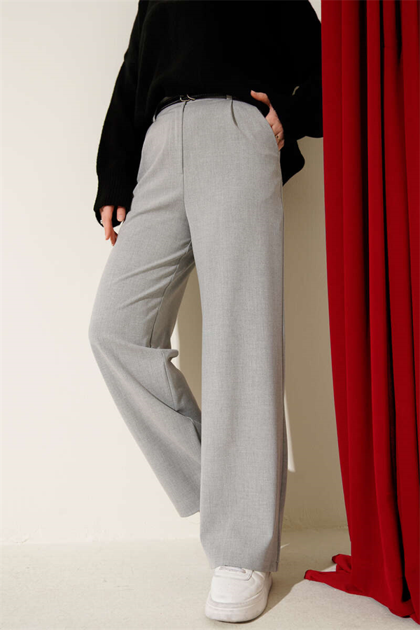 Slim Waist Pleated Fabric Trousers Grey