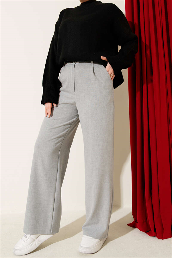 Slim Waist Pleated Fabric Trousers Grey