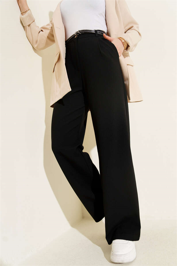Slim Belted Pleated Fabric Trousers, Black