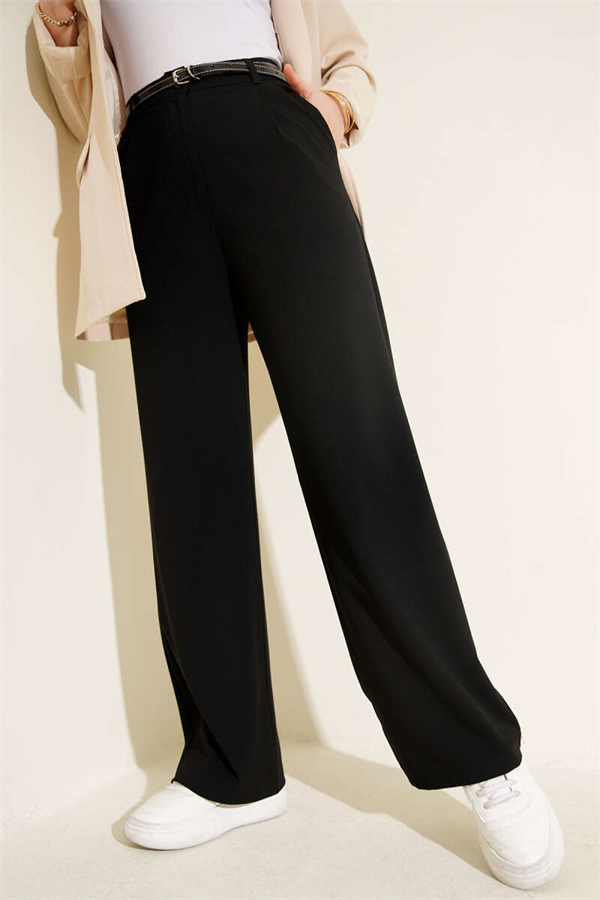Slim Belted Pleated Fabric Trousers, Black