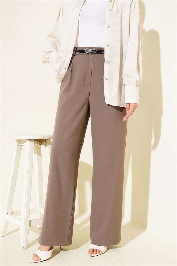 Thin Belted Pleated Fabric Trousers, Mink