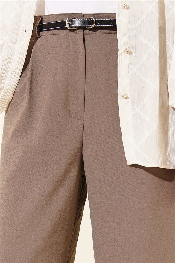 Thin Belted Pleated Fabric Trousers, Mink