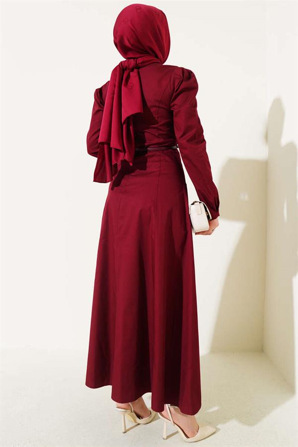 Thin Belted Poplin Dress Burgundy