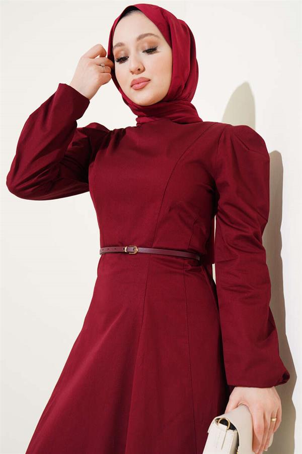 Thin Belted Poplin Dress Burgundy
