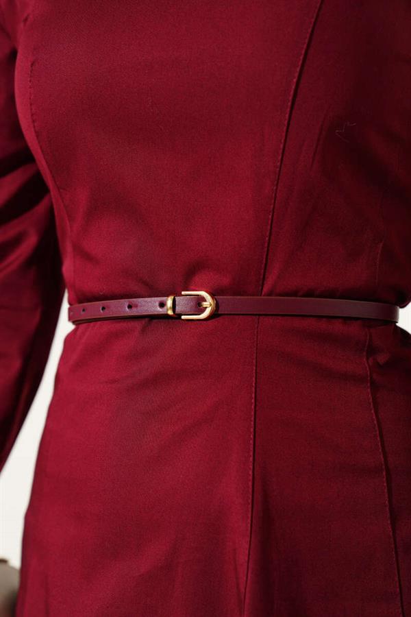 Thin Belted Poplin Dress Burgundy