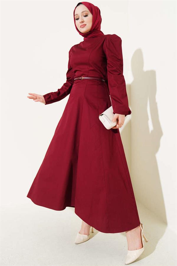 Thin Belted Poplin Dress Burgundy