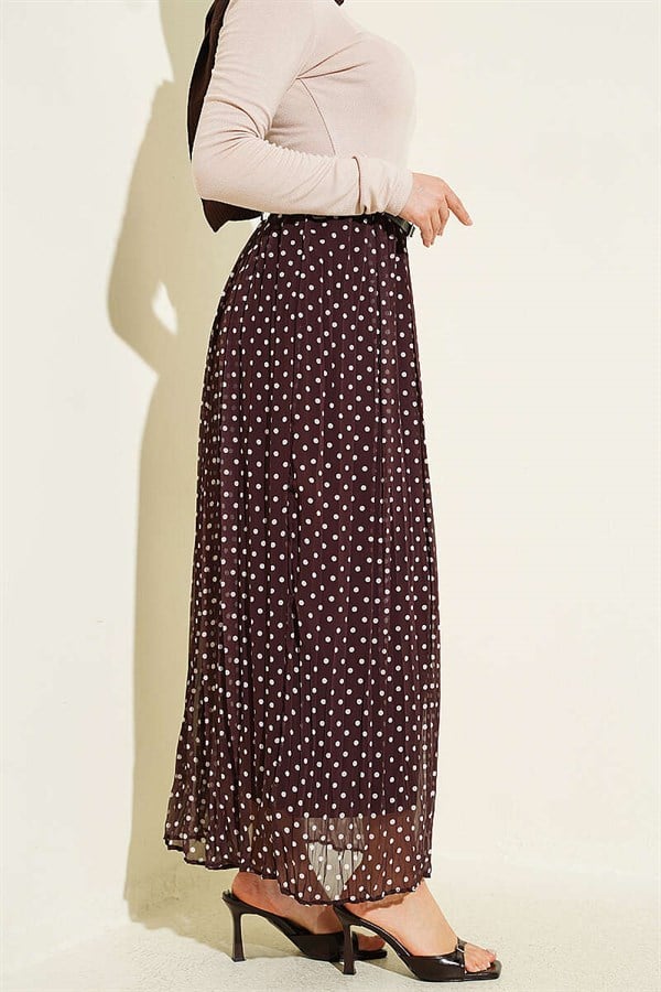 Thin Belted Polka Dot Chiffon Skirt in Brown